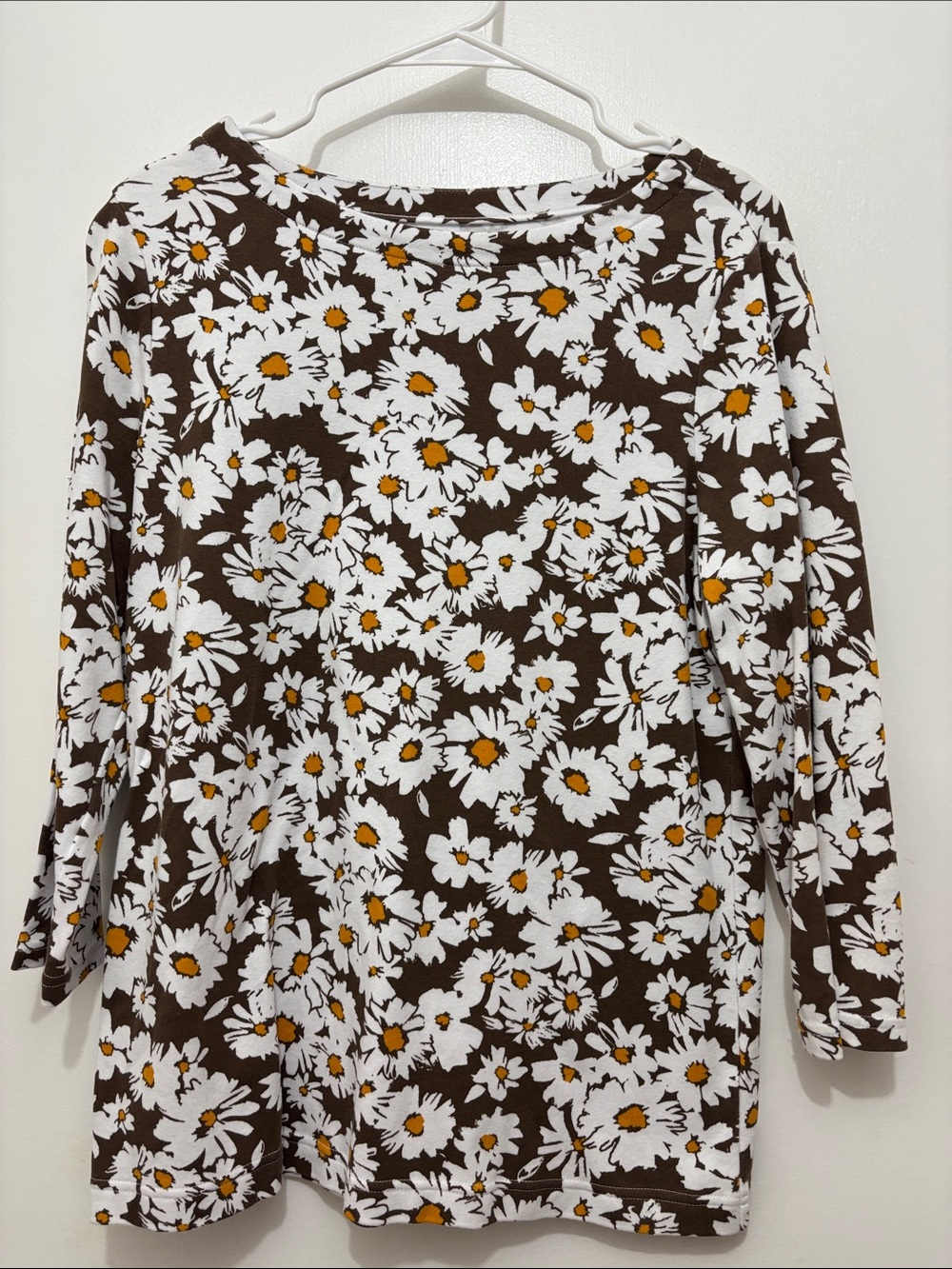 Croft & Barrow Floral 3/4 Sleeve Top - Brown/White Daisy Print Sz L